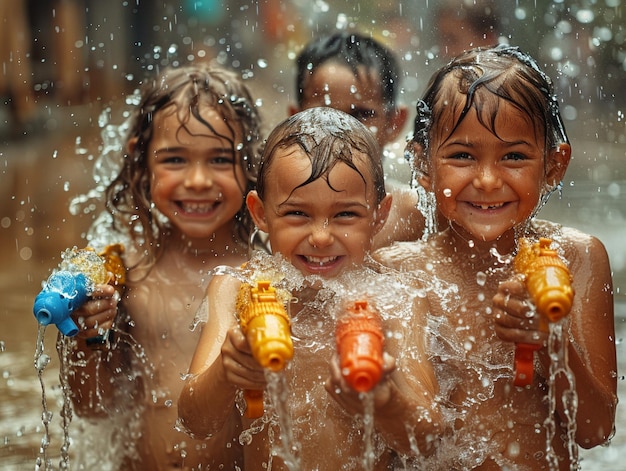 Montagem de arte digital surreal de crianças rindo e brincando com pistolas de água no Dia Mundial da Água