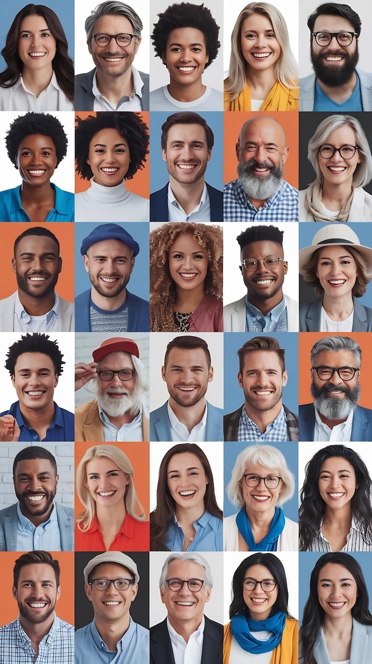 Foto montagem de pessoas multi-culturais e multi-étnicas felizes de diferentes origens, gênero e etnia