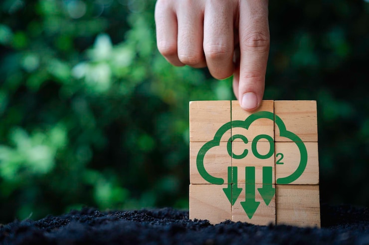 Foto montagem manual de ícone de redução de co2 em cubo de bloco de madeira na natureza para diminuir a pegada de carbono de co2 e crédito de carbono para limitar o aquecimento global devido às mudanças climáticas.