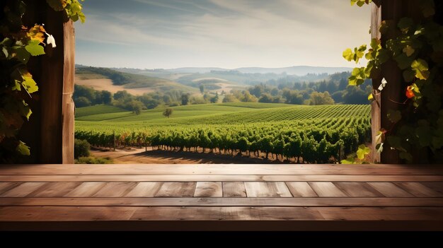 Foto montaje fotográfico de una granja de viñedos con mesa de madera rústica