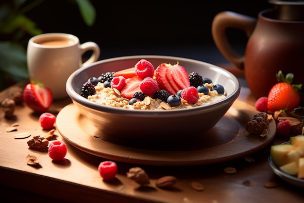 Un montaje fotográfico con un recipiente nutritivo de avena con frutas frescas y nueces junto a un br azucarado