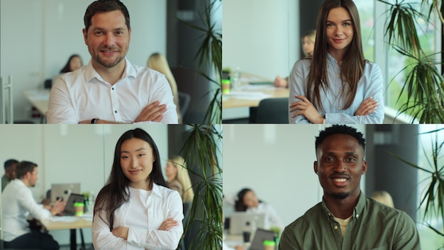 Montaje multipantalla de hombres y mujeres jóvenes en lugares de trabajo collage de diferentes trabajadores multiétnicos