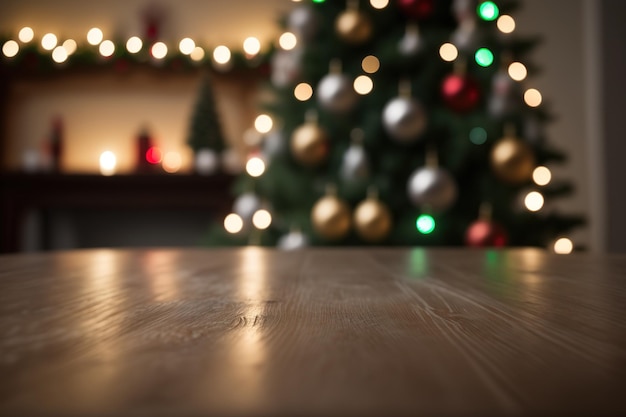 Montaje de producto con una mesa de Navidad vacía y un árbol de Navidad desenfocado