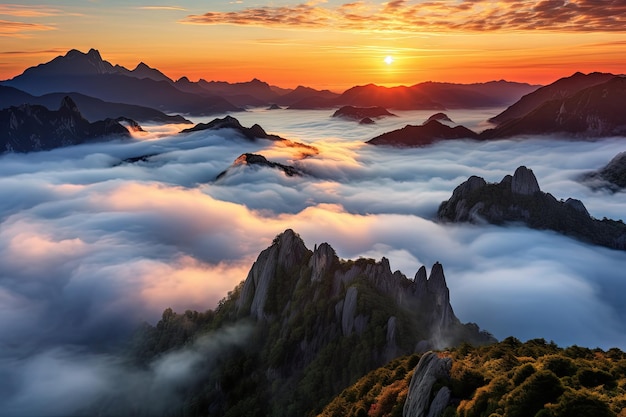 Montaña al amanecer rodeada de nubes.