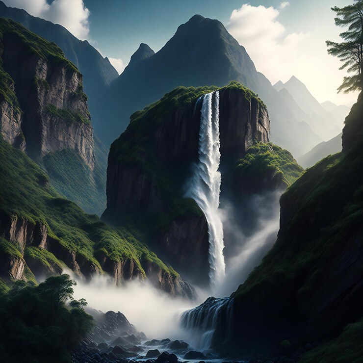 montaña alta con una majestuosa cascada