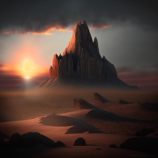 Montaña Arafed en el desierto con una puesta de sol en el fondo generativo ai