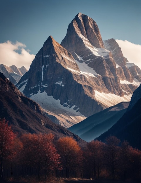 Una montaña con un árbol rojo en medio.