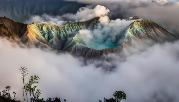 Foto una montaña con un arco iris en ella y las nubes debajo de ella