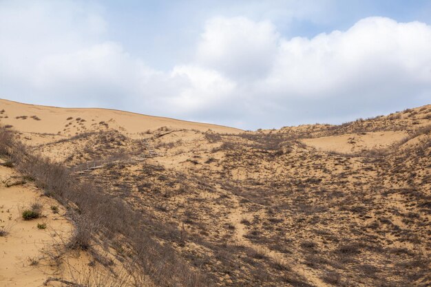 Una montaña de arena única en el Cáucaso en un día nublado La hierba crece en una duna de arena