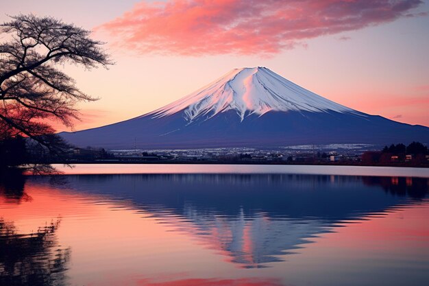 Foto montaña arrafada con un reflejo en un lago al atardecer generativa ai