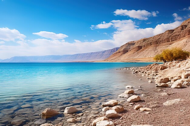 Montaña y el azul Mar Muerto en Israel