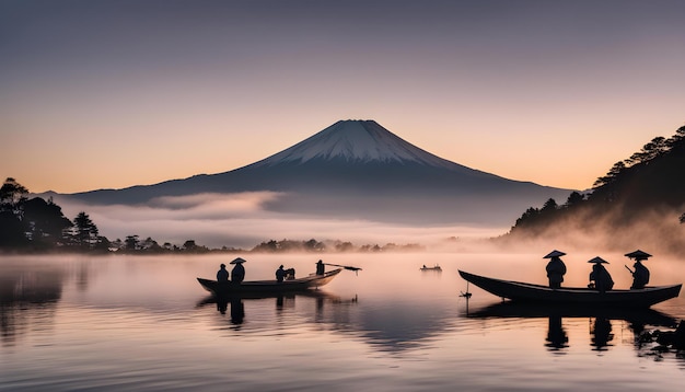 Foto una montaña con un barco y gente delante de él