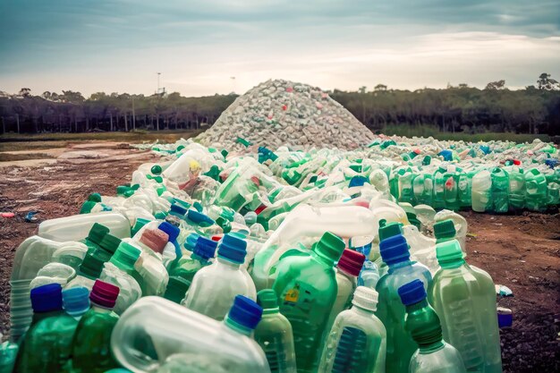 Montaña de botellas de basura de plástico desechadas IA generativa