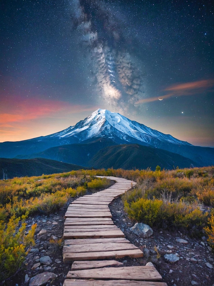 Foto montaña y camino de piedra bajo un hermoso cielo azul
