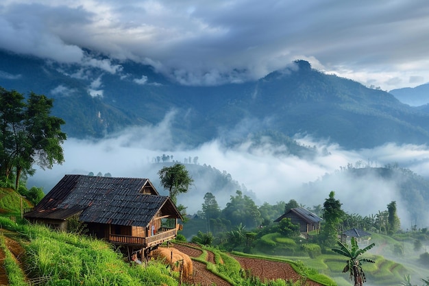 Foto una montaña con una casa en la cima