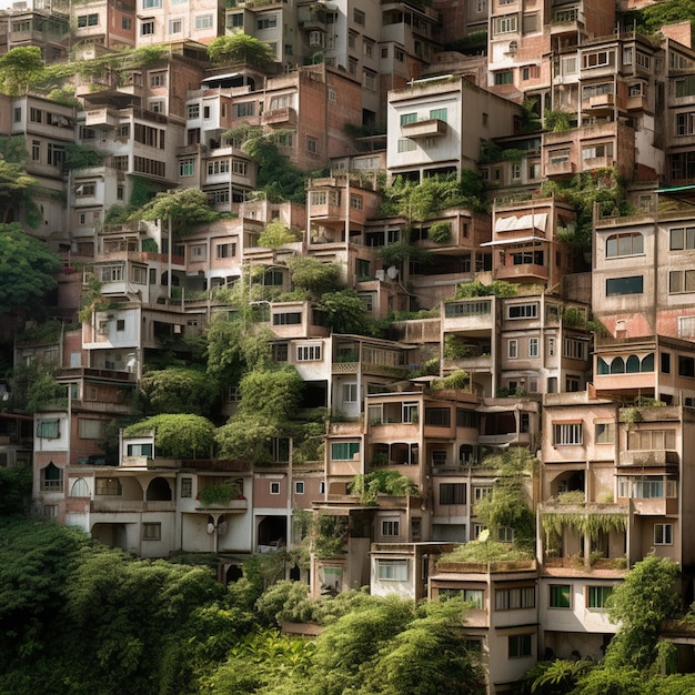 Una montaña de casas con árboles en la cima