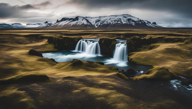 Foto una montaña con una cascada en el medio