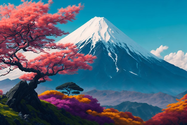 Una montaña con un cerezo japonés en primer plano