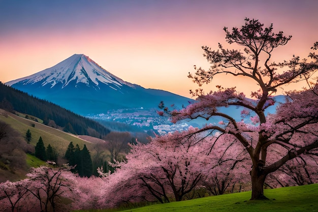 Una montaña con un cielo rosa y un árbol con la palabra fuji.