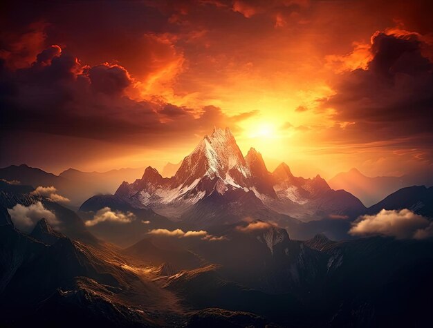 Foto una montaña está en el cielo con el sol poniéndose detrás de ella