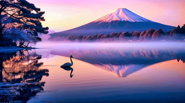 Una montaña y un cisne en un lago.