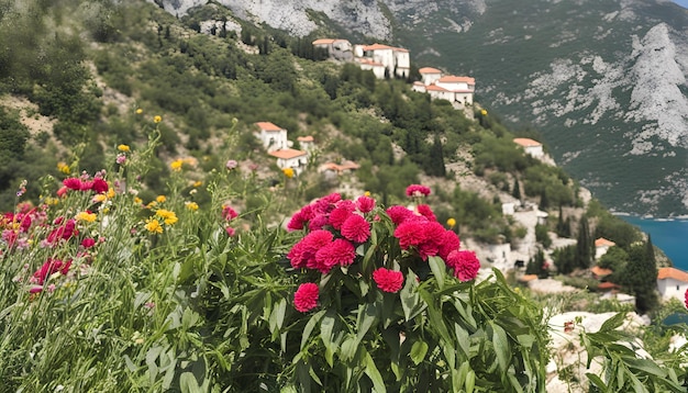 Foto una montaña con una ciudad en el fondo y flores en el primer plano