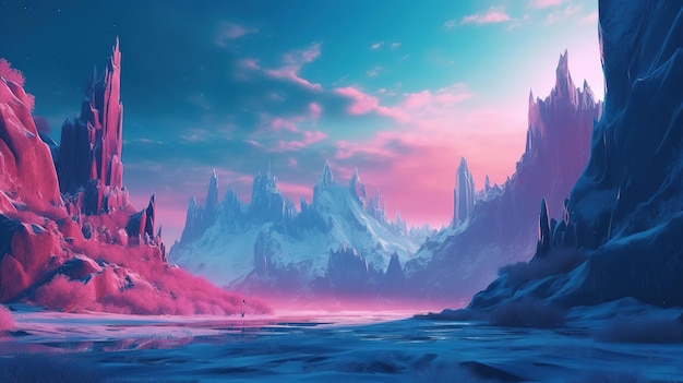 Una montaña congelada en un cielo azul con un fondo rosa y azul.