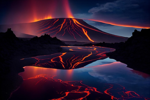 Montaña cubierta de lava junto a un cuerpo de agua generativa ai