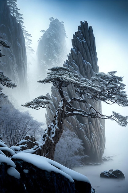 Montaña cubierta de nieve con un árbol en primer plano generativo ai