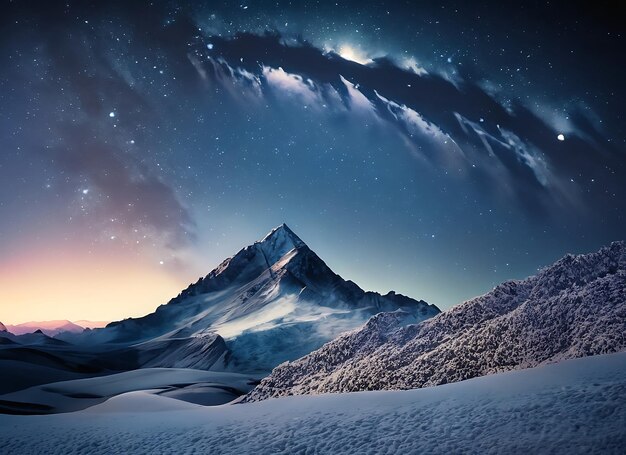 montaña cubierta de nieve bajo un cielo lleno de estrellas