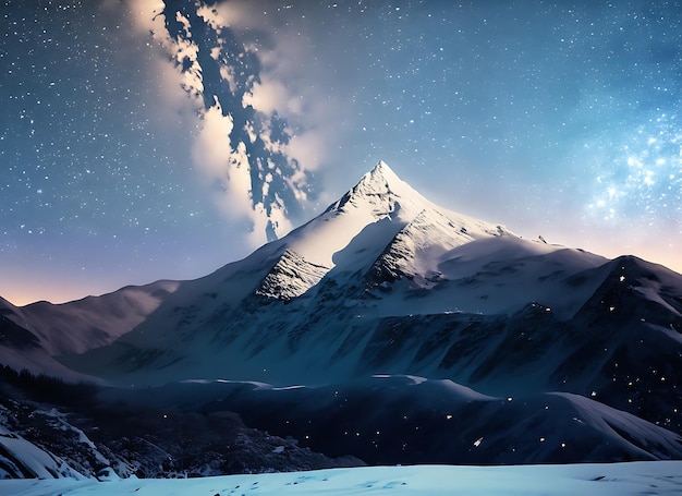 montaña cubierta de nieve bajo un cielo lleno de estrellas