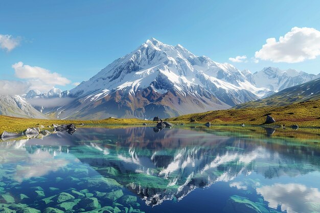 Una montaña cubierta de nieve que se refleja en un cristalino