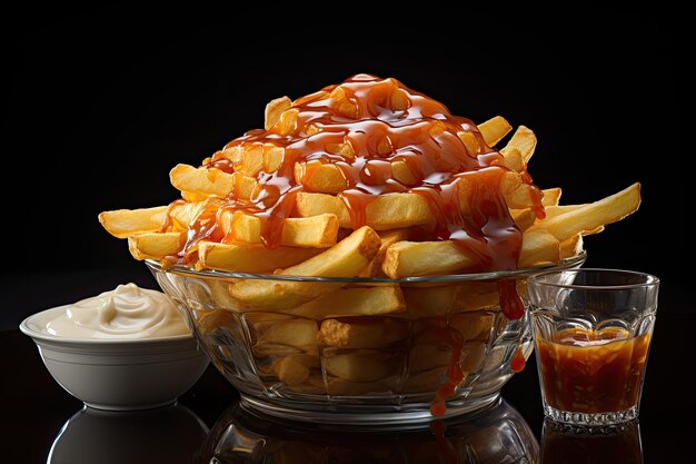 Montaña dorada de chips crujientes con ketchup y mayonesa generativa IA