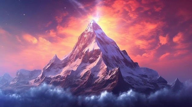 Montaña enorme con una hermosa luz cinematográfica. Un paisaje increíble durante una puesta de sol majestuosa.