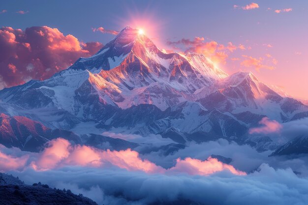 Foto montaña envuelta en nubes bajo un cielo rosado