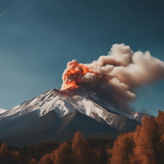 La montaña en erupción escupa cenizas ardientes en el cielo generativo ai