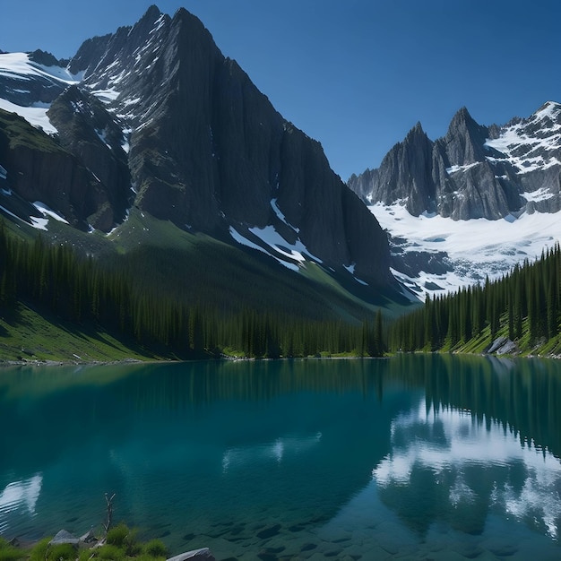 Una montaña está cubierta de nieve y el agua es azul.