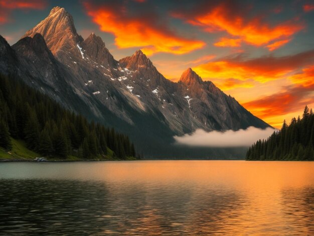 una montaña está en el fondo con un lago y montañas en el fondo