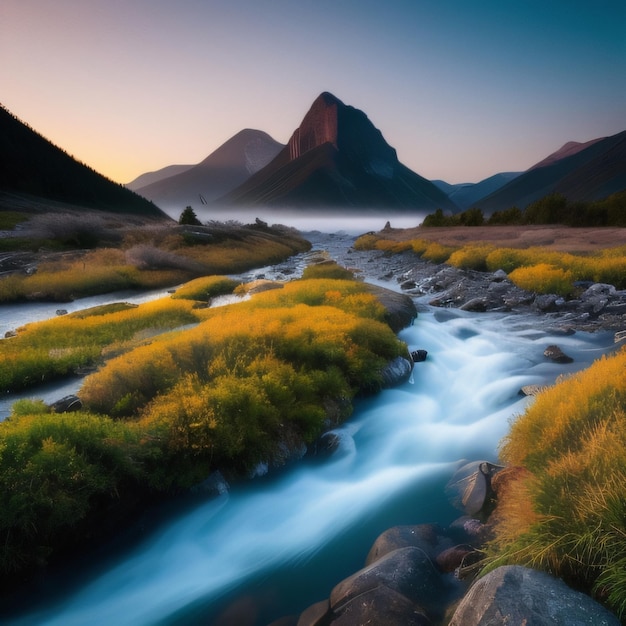 Una montaña está en el fondo con un río que la atraviesa.