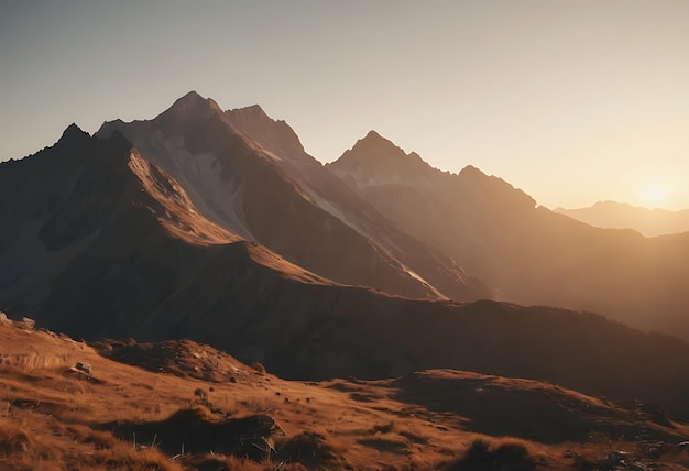 una montaña está en el fondo con el sol poniéndose detrás de ella