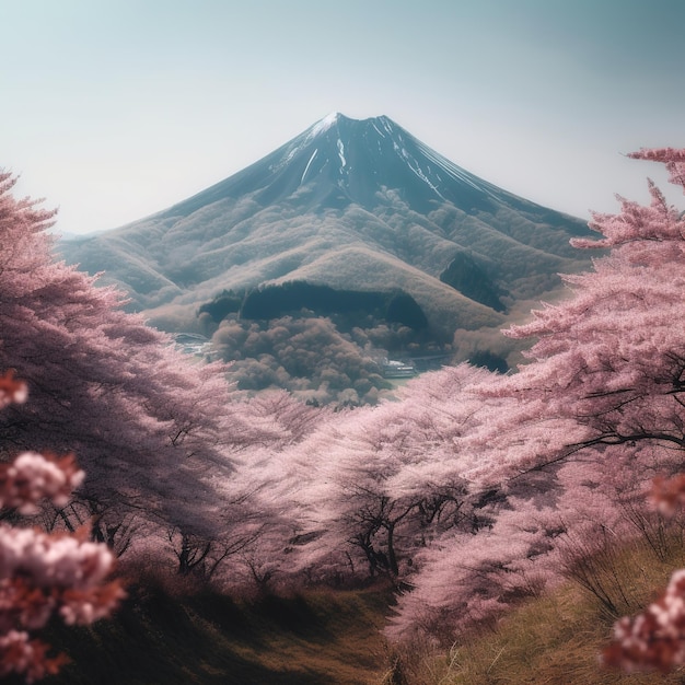 Una montaña con flores de cerezo en primer plano