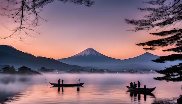 Foto una montaña está en el fondo con un barco y personas en él