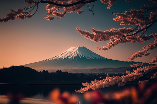 Montaña Fuji y flores de cerezo o sakura cerca del río por la mañana