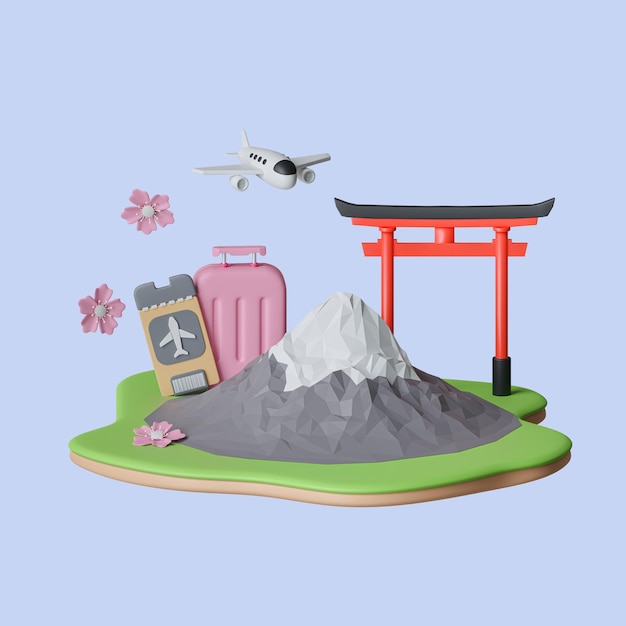 La montaña Fuji y el hito japonés Nightingale en una rama de fondo de cerezas florecientes mochilero para el viaje a Japón 3d render ilustración