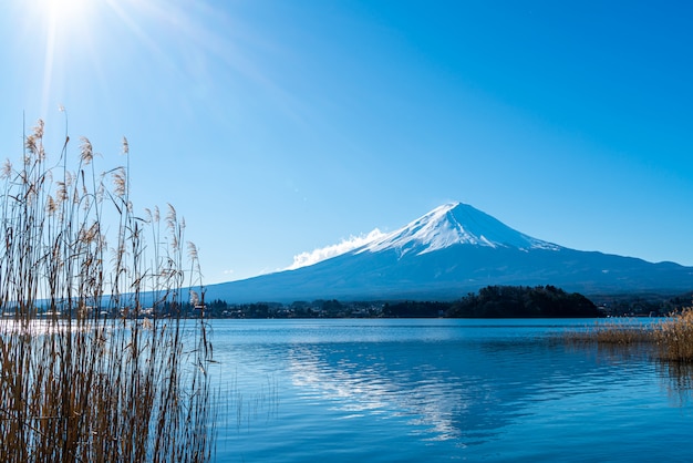 Montaña Fuji con lago Kawaguchiko y cielo azul