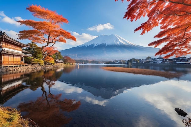 montaña fuji y lago kawaguchiko en las estaciones de otoño de la mañana montaña fuji en yamanachi en japón