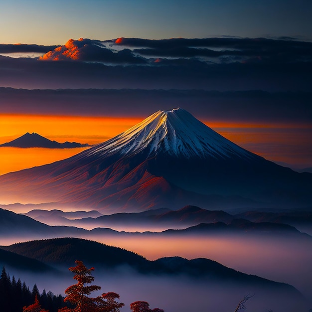 Foto la montaña fuji y la niebla en otoño durante un hermoso amanecer generado por ia