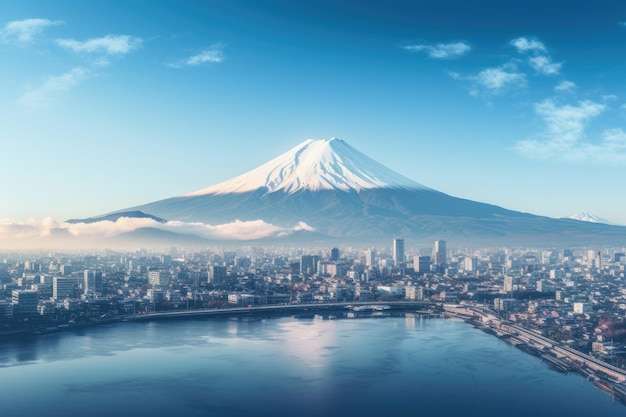 Montaña Fuji San en el lago Kawaguchiko en Japón Vista aérea del paisaje urbano de Tokio con la montaña Fuji en Japón AI generada