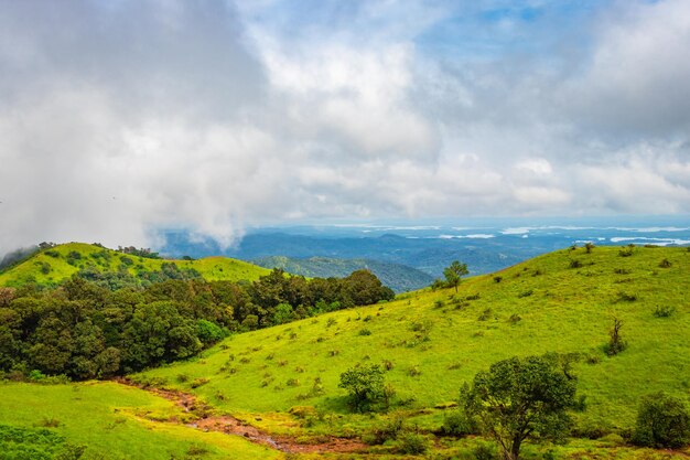 Foto montaña con hierba verde y cielo increíble