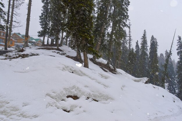 Montaña Himalaya en Kashmir Snow Village en Gulmarg en India Paisaje de la hermosa naturaleza de la montaña Himalaya en el cielo